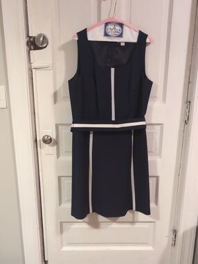 Brooks Brothers Navy Dress with White Trim And Stripped Belt